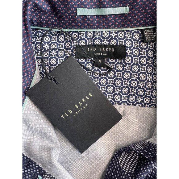 Ted Baker London Navy Large Spot Print Shirt SZ 4/L Long Sleeve Button-Up Flip C - Picture 4 of 10